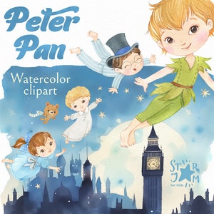 Peter Pan. Clipart dipinte a mano ad acquerello, festa, compleanno, galleria, stampabile, asilo nido, regalo per bambini, amici, Londra, invito