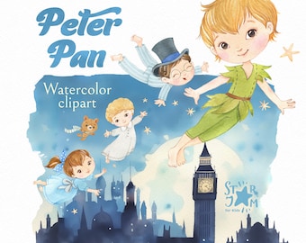 Peter Pan. Watercolor hand-painted clipart, party, birthday, gallery, printable, nursery, gift for child, friends, London, invitation