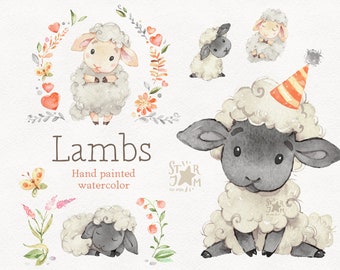 Lambs. Watercolor farm animals clipart, sheep, printable card, png, country clip art, household, baby shower, birthday party, hand-painted