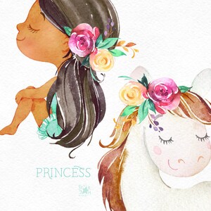 May include: Watercolor illustration of a princess and a unicorn, both adorned with floral crowns. The princess has dark hair and is seated, while the unicorn has a white coat and brown mane. The word "PRINCESS" is written in light blue.