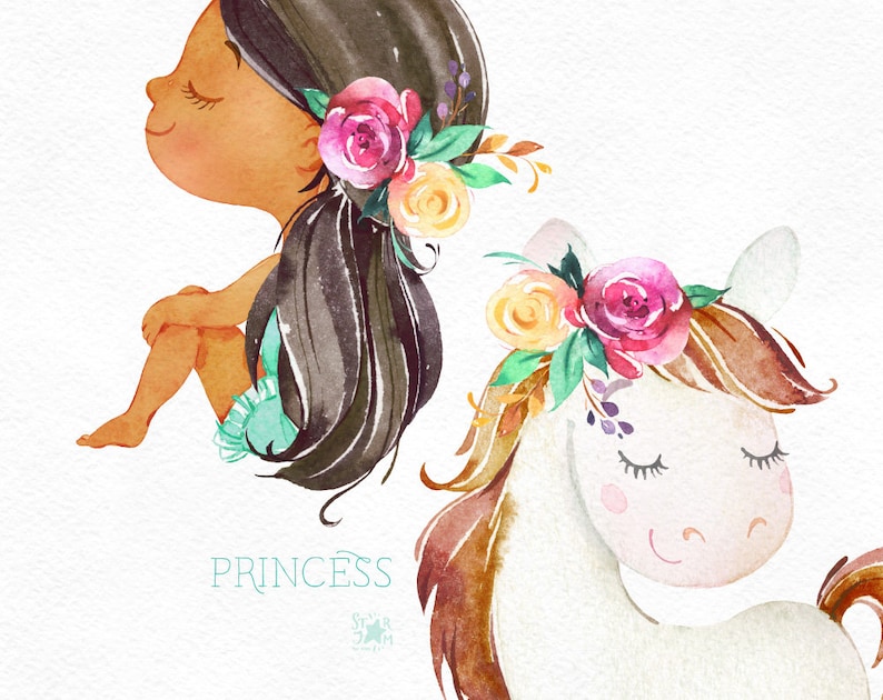 May include: Watercolor illustration of a princess and a unicorn, both adorned with floral crowns. The princess has dark hair and is seated, while the unicorn has a white coat and brown mane. The word "PRINCESS" is written in light blue.