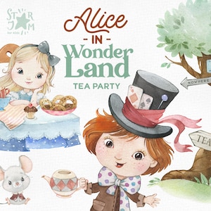 Alicja w Krainie Czarów. Herbatka. Akwarela clipart, bajka, Szalony Kapelusznik, clipart Przygód Alicji, clipart Alicji, magiczny, przedszkole, png