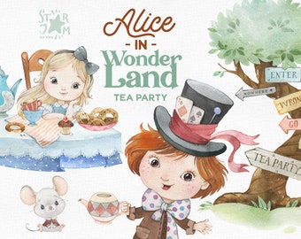 Alice in Wonderland. Tea Party. Watercolor clipart, fairytale, Mad Hatter, Alice's Adventures clipart, Alice clip art, magical, nursery, png