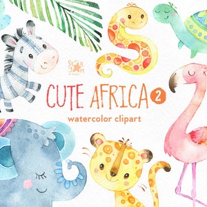África fofa 2. Clipart de animais em aquarela, flamingo, cobra, zebra, tartaruga, elefante, chita, saudação, convite, selva, floral, folhas, bebê