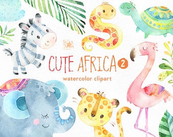 Cute Africa 2. Watercolor animals clipart, flamingo, snake, zebra, turtle, elephant, cheetah, greeting, invite, jungle, floral, leaves, baby