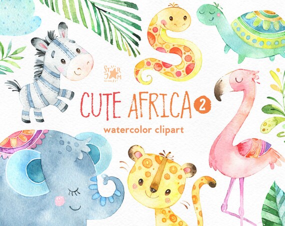 Cute Africa 2 Watercolor Animals Clipart Flamingo Snake Etsy