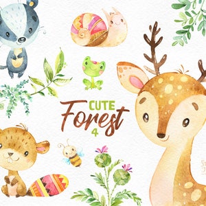 Forêt mignonne 4. Aquarelle petits animaux clipart, cerf, blaireau, castor, grenouille, abeille, escargot, couronne, floral, autocollant, babyshower, boisé, cft