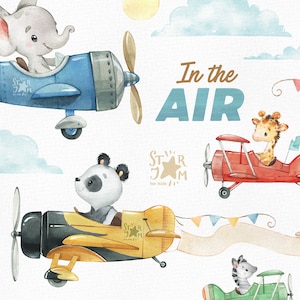 In Der Luft. Aquarell Flugzeuge, Tiere Clipart, Reise, Weg, Flug, Himmel, Elefant, Panda, Reise, Kinderzimmer, Geburtstag einladen, Jungs Party