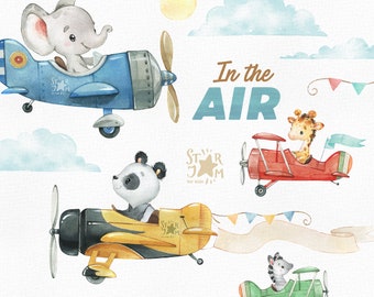 In The Air. Watercolor airplanes, animals clipart, travel, way, flight, sky, elephant, panda, journey, nursery, birthday invite, boys party