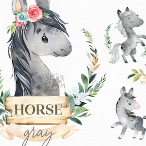 Horse. Gray, dapple gray. Watercolor clipart, stallion, foal, colt, flowers, country farm, saddle, wreath, West, horseshoe, baby-shower