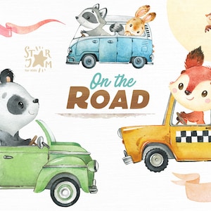 Na estrada. Clipart de animais em aquarela, carro, van, viagem, caminho, panda, raposa, guaxinim, motorista, coelho, balão de ar, táxi, viagem, berçário