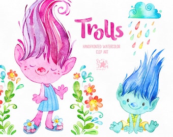 Trolls. Watercolor clip art, cute characters, Poppy, dolls, happy, creatures, stickers, magic, flowers, floral, hair, kids, fairy tail, fun