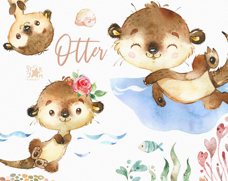 Otter. Aquarell kleine Tier Clipart Baby Kind Kranz Algen