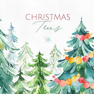 Weihnachtsbäume 2. 16 Aquarell Urlaub Clipart, Winter, Vintage, Kiefer, Dekorationen, Neujahr, fröhlich, Karten, wild, Wald, grün, Kinderzimmer