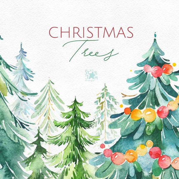 Christmas Trees 2. 16 Watercolor holiday clipart, winter, vintage, pine, decorations, new year, merry, cards, wild, forest, green, nursery