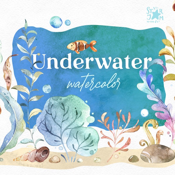 Underwater. Watercolor clip art, water plants, seaweed, seaware, fishes, ocean, river, sea, lake, undersea, aquarium, baby-shower, nursery