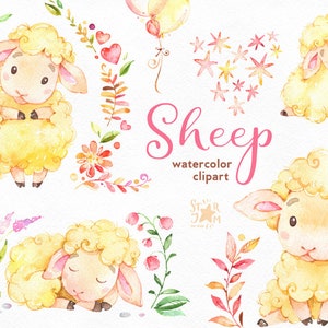 Ovelha. Clip-art em aquarela, personagens, fofos, coração, floral, animal, planejadores, romântico, chá de bebê, adesivos, crianças, balões, cordeiro