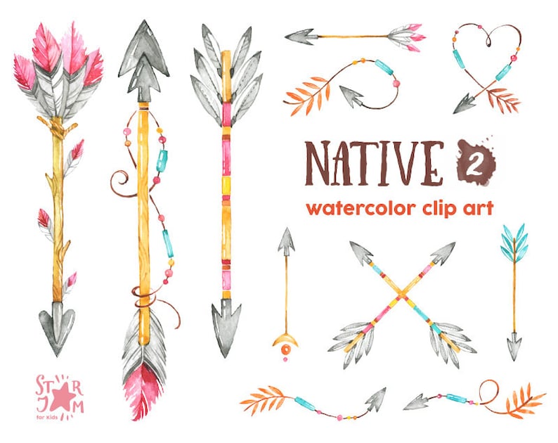 May include: Watercolor clip art featuring various Native American-inspired arrows. The arrows are adorned with feathers in shades of pink, white, and blue, and accented with beads. The text "NATIVE 2 watercolor clip art" is also visible.