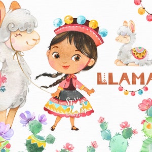 Lamas. Aquarell Clipart, kleines Mädchen, Tiere, Alpaka, Kaktus, Geburtstag, Gruß, Festival, Lateinamerika, Peru, Party