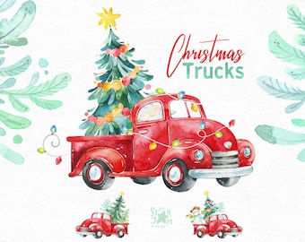 Christmas Truck. Watercolor holiday clipart, snowman, winter, car, vintage, gift, diy, tree, decorations, new year, merry, cute, red