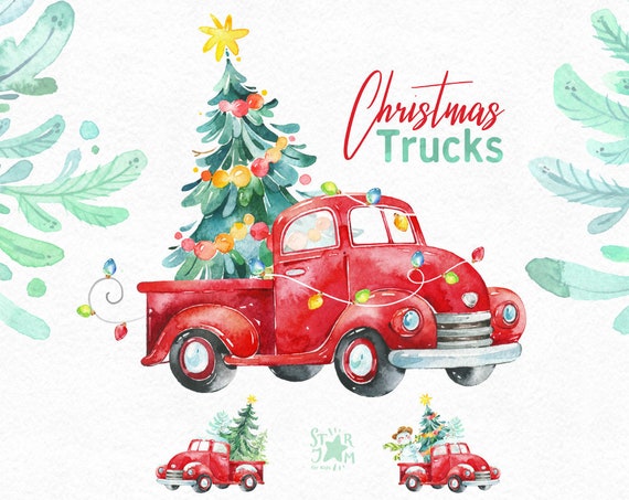 Christmas Truck. Watercolor Holiday Clipart, Snowman, Winter, Car, Vintage,  Gift, Diy, Tree, Decorations, New Year, Merry, Cute, Red 