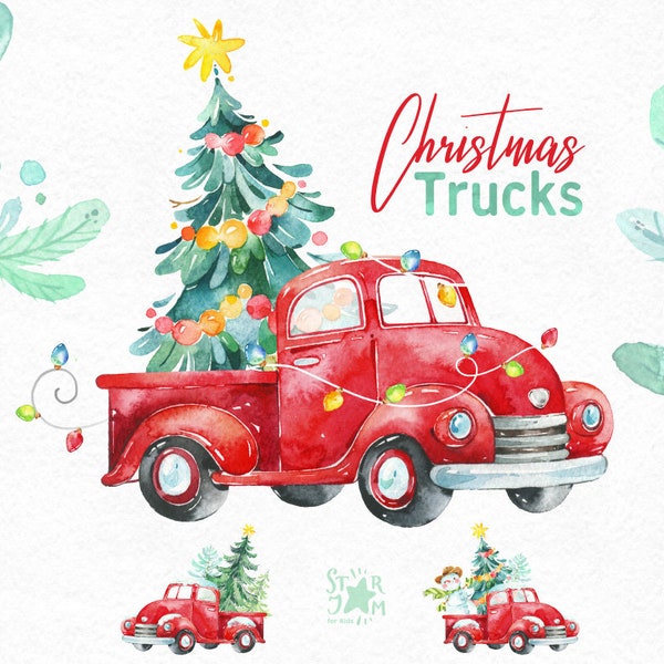 Christmas Truck. Watercolor holiday clipart, snowman, winter, car, vintage, gift, diy, tree, decorations, new year, merry, cute, red