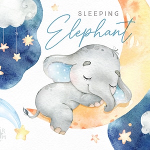 Elefante addormentato. Neonato. Acquerello piccolo animale clipart, stelle, bambino, blu, sonno, bambino, nato bambino, baby-shower, sogno, luna, nuvole
