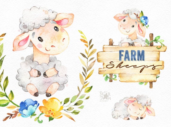Digital Design Digital Files Watercolor Art| Cute Sheep with Flower Wreath File Instant Download