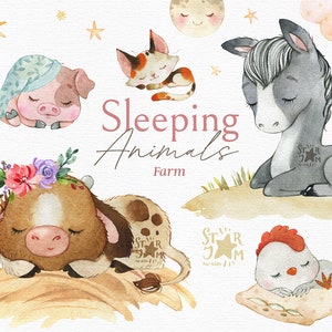 Sleeping Animals. Farm. Watercolor clipart, cow, pig, horse, cat, sheep, pillow, moon, country, template, stars, clouds, dream, png, nursery
