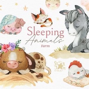 Sleeping Animals. Farm. Watercolor clipart, cow, pig, horse, cat, sheep, pillow, moon, country, template, stars, clouds, dream, png, nursery image 1