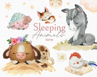 Sleeping Animals. Farm. Watercolor clipart, cow, pig, horse, cat, sheep, pillow, moon, country, template, stars, clouds, dream, png, nursery