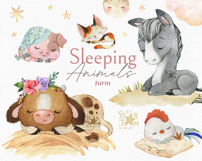 Sleeping Animals. Farm. Watercolor clipart, cow, pig, horse, cat, sheep, pillow, moon, country, template, stars, clouds, dream, png, nursery image 1