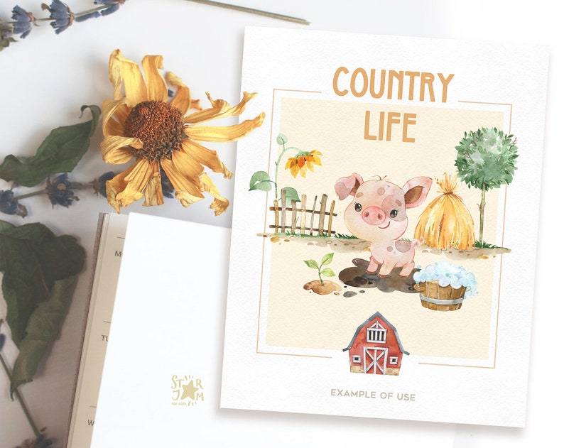 Farmland 2. Watercolor country clipart, pig, rabbit, chicken, goal, sheep, flowers, little animals, household, baby shower, thanksgiving image 3