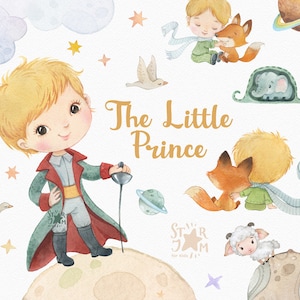 El Principito. Clipart pintado a mano en acuarela, fiesta, cumpleaños, galería, imprimible, guardería, regalo para niño, zorro, amigos
