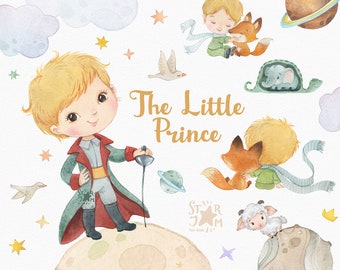 The Little Prince. Watercolor hand-painted clipart, party, birthday, gallery, printable, nursery, gift for little boy, fox, friends