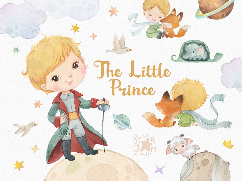 The Little Prince. Watercolor hand-painted clipart, party, birthday, gallery, printable, nursery, gift for little boy, fox, friends image 1