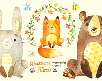 Woodland Friends. Watercolor animals clipart, forest, bear, fox, hare, rabbit, greeting, invite, kids, flowers, bee, floral, wreath, diy