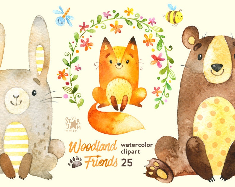 Woodland Friends. Watercolor Animals Clipart, Forest, Bear, Fox, Hare ...
