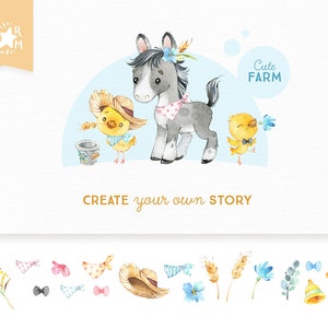 Cute Farm. Watercolor Country Clipart, Horse, Cow, Chicken, Goose, Fun ...