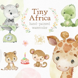 Piccola Africa. Simpatici animali clipart ad acquerello, giraffa appena nata, rinoceronte, cucciolo di leone, animali safari png, clip art di compleanno, decorazioni per baby-shower