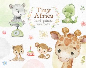 Tiny Africa. Cute Animals Watercolor clipart, baby-born giraffe, rhino, lion cub, safari animals png, birthday clip art, baby-shower decor