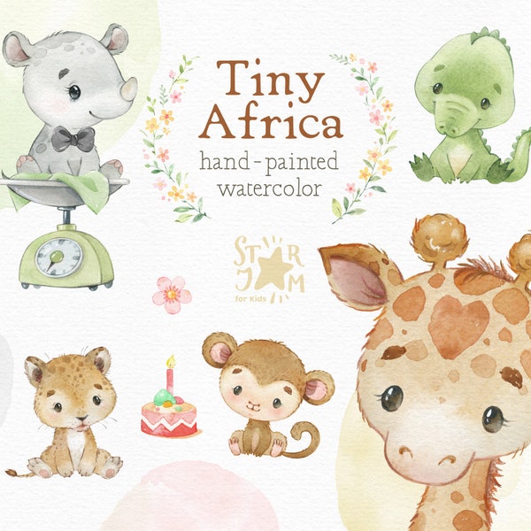 Tiny Africa. Cute Animals Watercolor clipart, baby-born giraffe, rhino, lion cub, safari animals png, birthday clip art, baby-shower decor