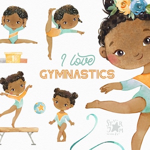 Ich liebe Gymnastik. Aquarell Clipart, schwarzes Mädchen, rhythmisch, Sport, Akrobatik, künstlerisch, Schule, Medaille, gold, tanzen, Karte, Geburtstag