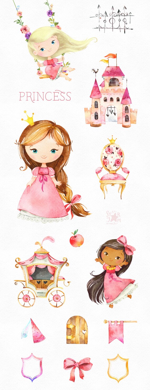 Prinses Roze. Aquarel sprookje koninklijk meisje, dame, koets, schommel,  kasteel kroon, goud, valentijnsdag, kinderdagverblijf, baby-douche  starjamforkids - Etsy België, image size:570x1474