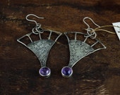 oxidized sterling silver earrings,silver wire, stamped metal, natural amethyst vintage style earrings, antiqued earrings