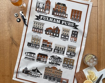 Fulham Pubs Illustrated Tea Towel