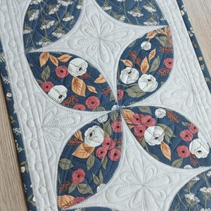 Könnte beinhalten: Gesteppter Tischläufer mit floralem Muster. Der Läufer hat ein sich wiederholendes Design aus marineblauem und weißem Blumenstoff mit weißen gesteppten Akzenten. Der Blumenstoff umfasst weiße Blumen, rosa Rosen und grüne Blätter. Der Läufer ist etwa 30 cm breit.