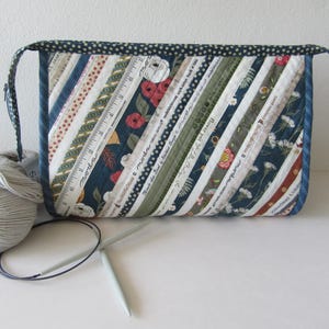 Può includere: Una pochette con cerniera imbottita blu e bianca con una varietà di strisce di tessuto e un bordo a pois. La pochette è piena di filato grigio e ferri da maglia.
