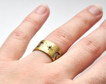 Moon and stars wide band ring from bold brass Lunar phase Space celestial astrology Fall Witchcore aesthetic Dark academia Gothic Alchemy