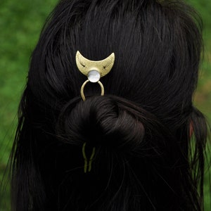 Handmade mother of pearl hair fork for thick hair Crescent moon and falling stars hair pin Hair stick image 2